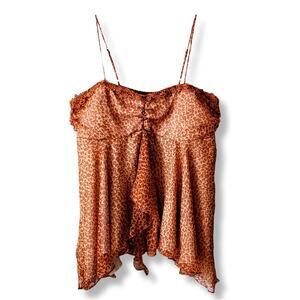 Y2K VTG Women Silk Chiffon Babydoll Cami Top XL Sheer Ruffle Cheetah Print NEW